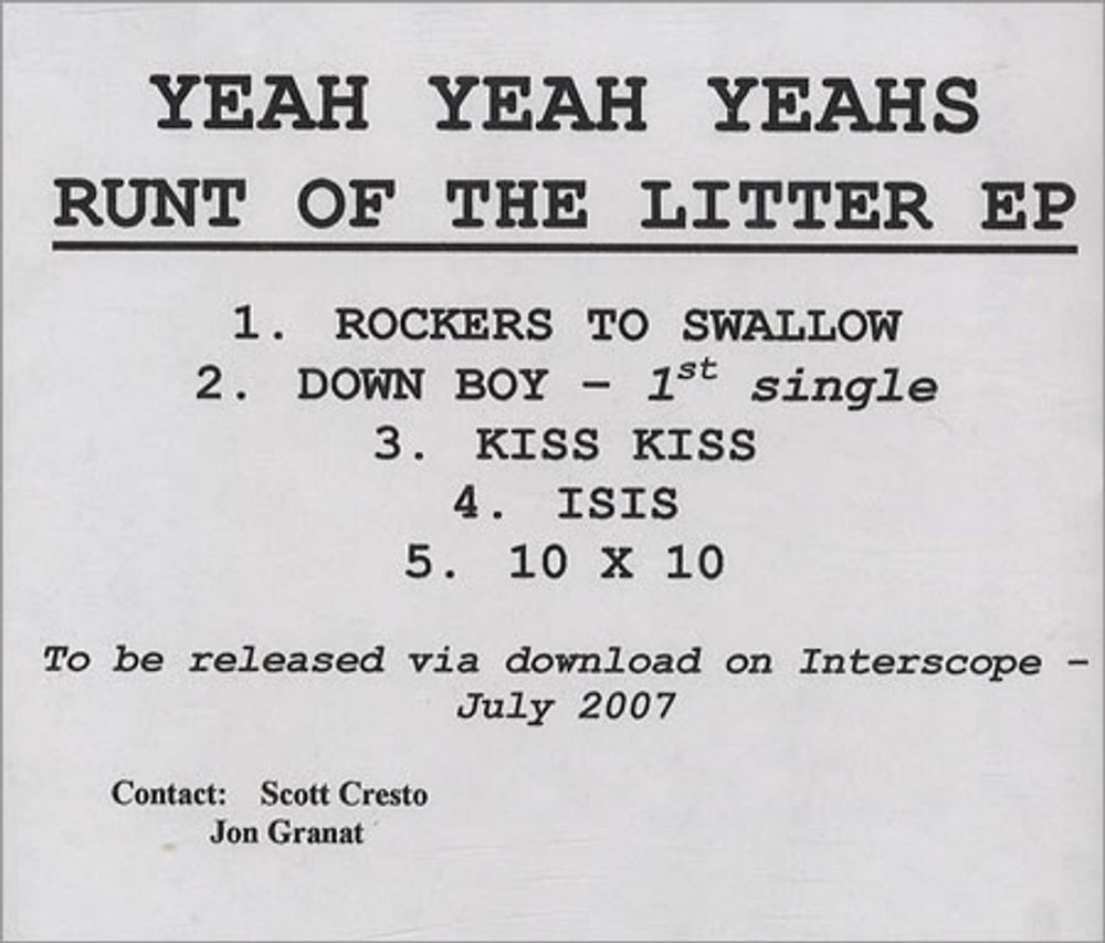 Yeah Yeah Yeahs Runt Of The Litter EP US Promo CD-R acetate CDR ACETATE