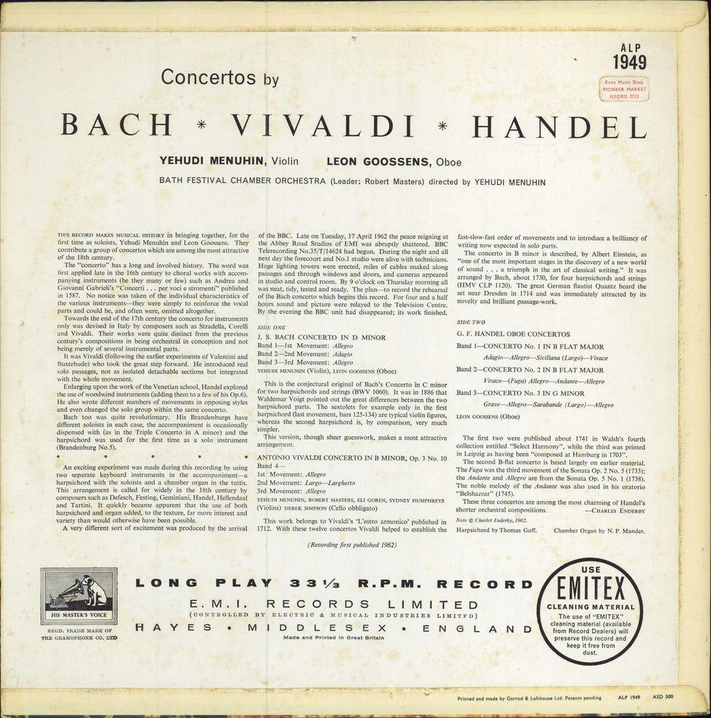 Yehudi Menuhin Concertos by Bach, Vivaldi, Handel UK vinyl LP album (LP record)