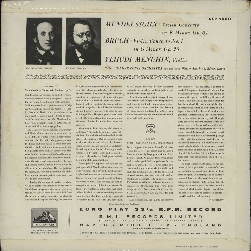 Yehudi Menuhin Mendelssohn: Concerto in E Minor, Op. 64 / Bruch: Concerto No.1 in G Minor, Op. 26 UK vinyl LP album (LP record)