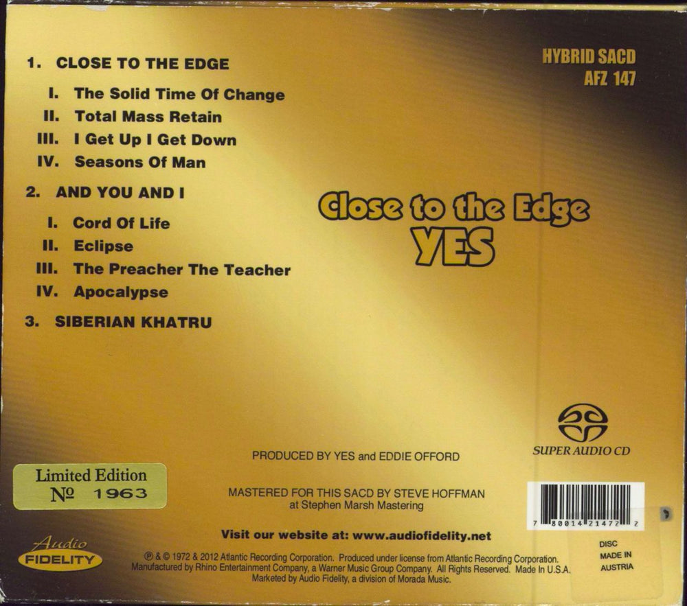 Yes Close To The Edge - Gold US super audio CD SACD 780014214722