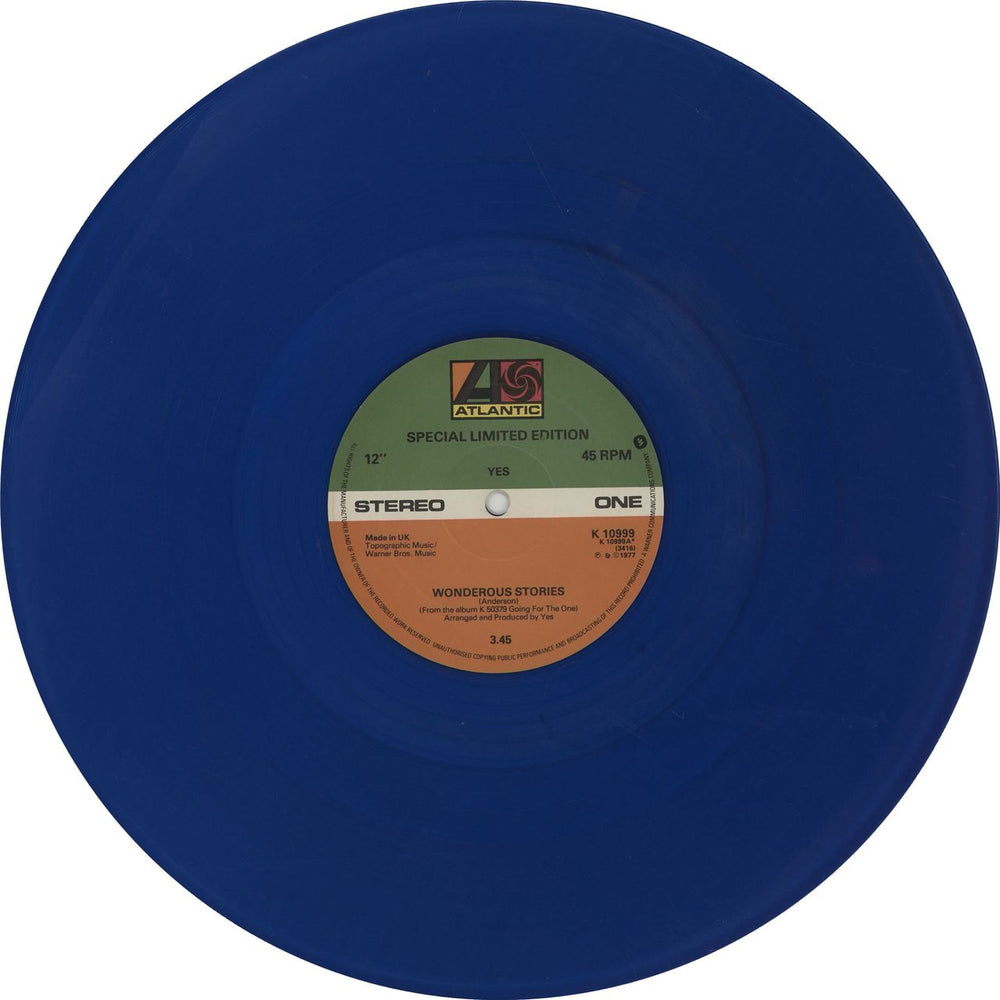 Yes Wonderous Stories - Blue Vinyl UK 12" vinyl single (12 inch record / Maxi-single) YES12WO37842