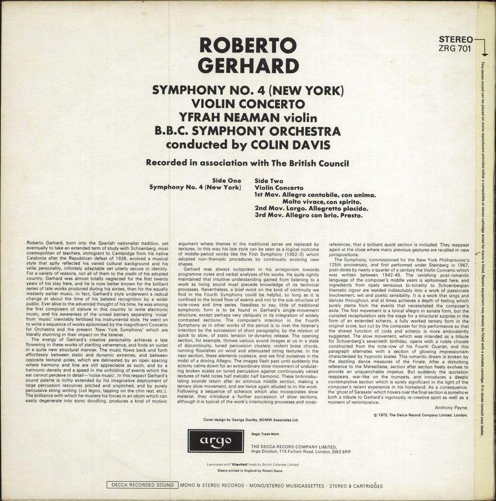 Yfrah Neaman Gerhard: Symphony No. 4 (New York) / Violin Concerto UK vinyl LP album (LP record)
