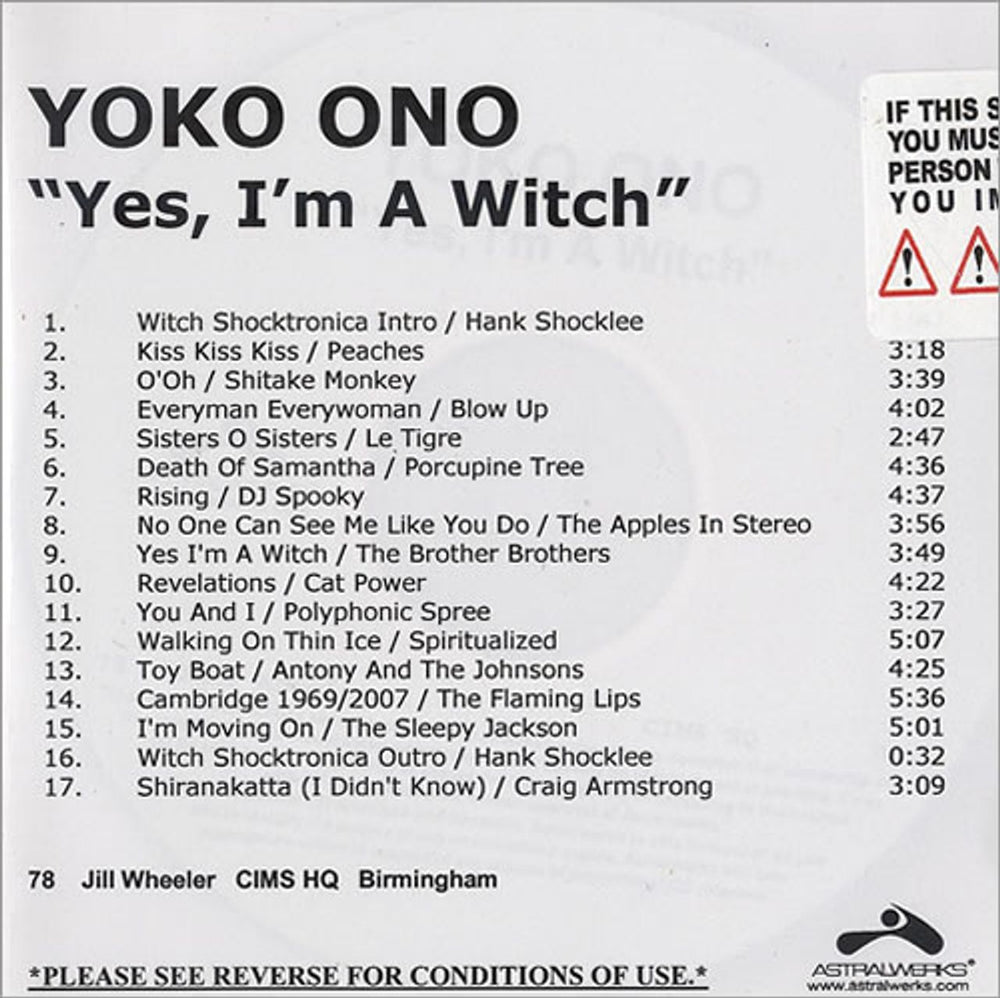 Yoko Ono Yes, I'm A Witch UK Promo CD-R acetate CDR ACETATE