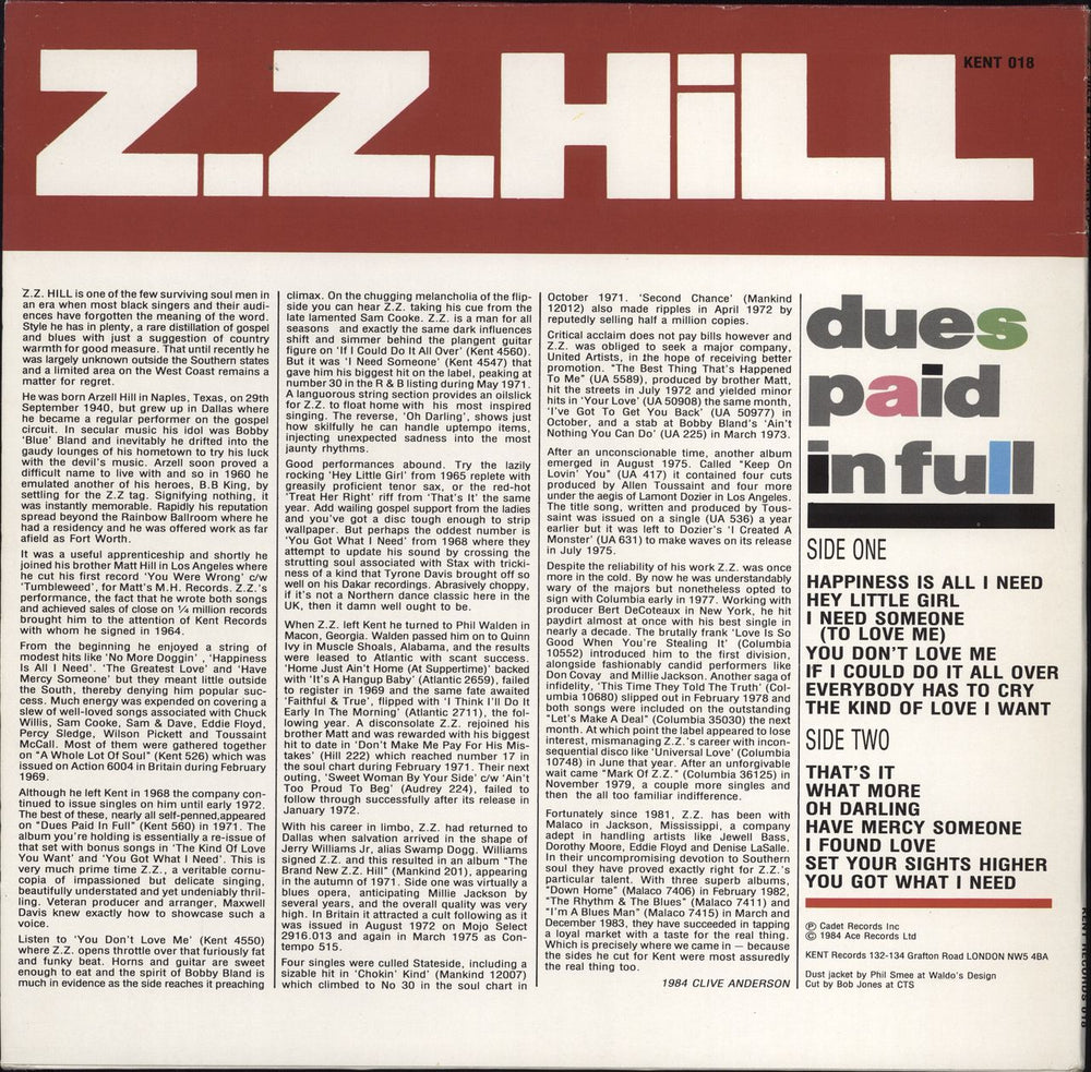 Z.Z. Hill Dues Paid In Full UK vinyl LP album (LP record)