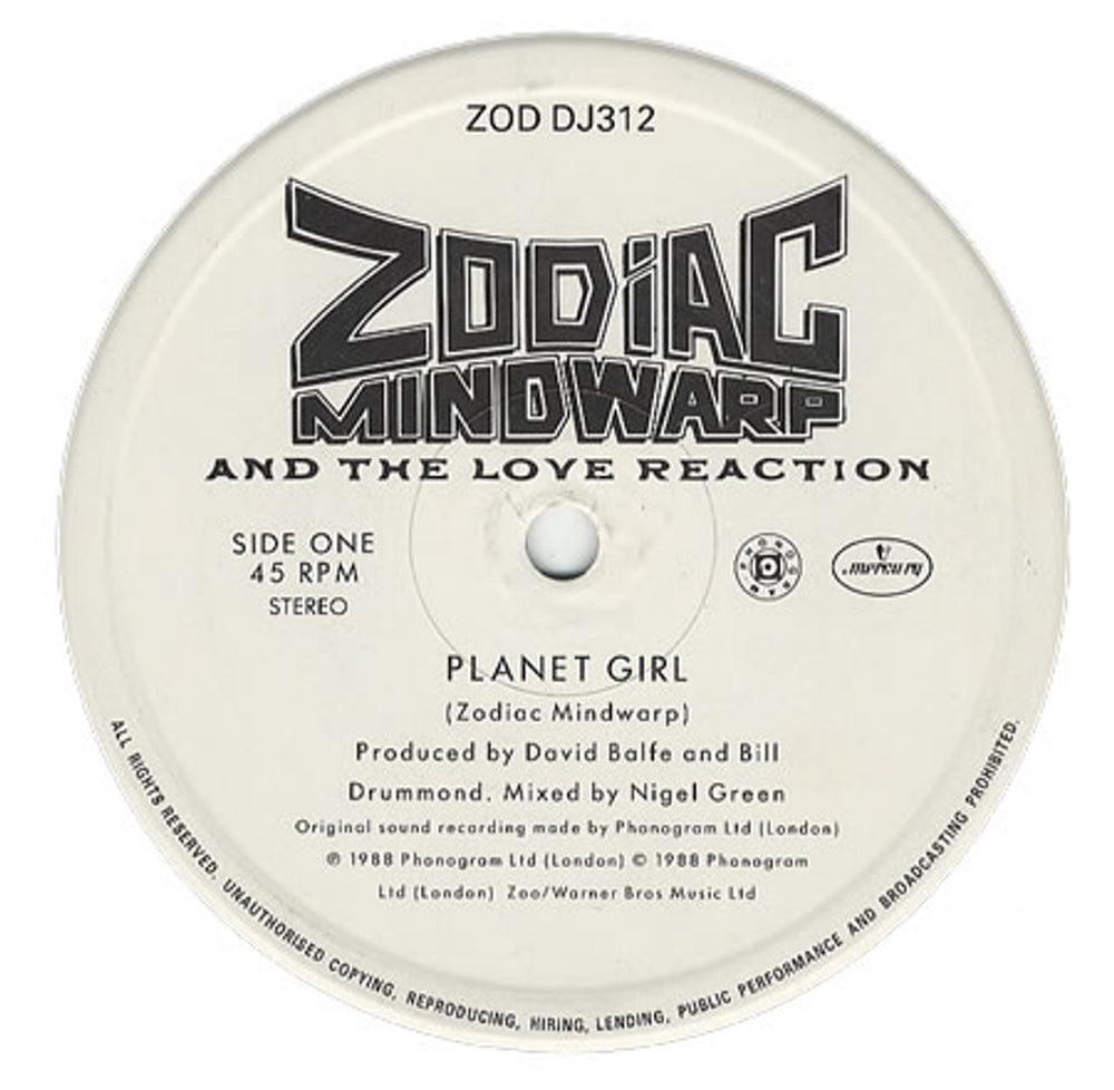 Zodiac Mindwarp Planet Girl UK Promo 12" vinyl single (12 inch record / Maxi-single) ZODDJ312